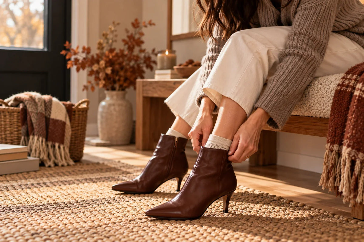 Woman putting on brown pointed-toe heeled ankle boots while sitting on a bench.