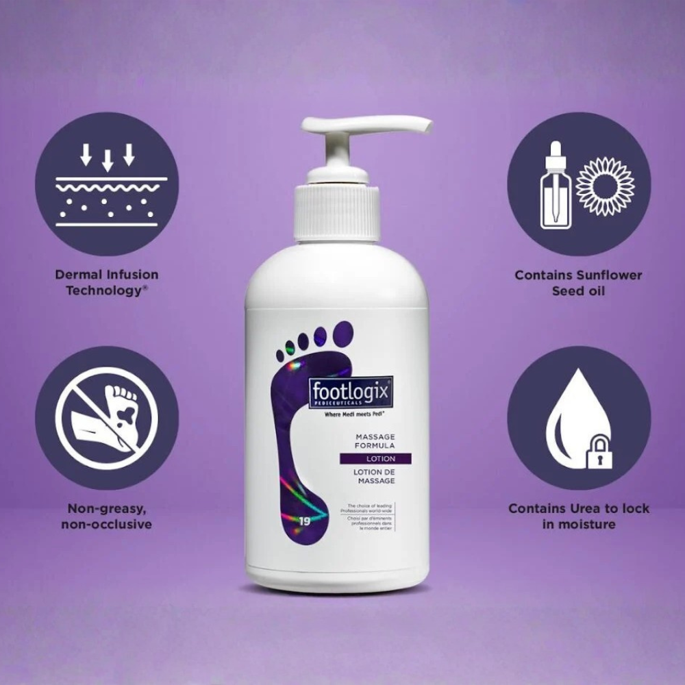 Een witte pompfles met Footlogix Foot Care Massage Formula Cucumber-massagelotion, voorzien van een informatie-etiket. De lotion is niet vettig en verstopt de poriën niet, en bevat ureum en zonnebloemzaadolie voor maximale hydratatie 