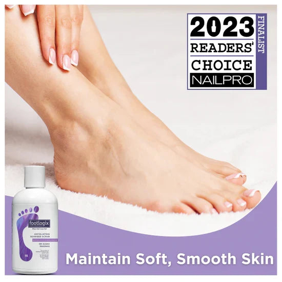 Footlogix exfoliating seaweed scrub bottle next to healthy, smooth skin on feet.