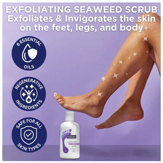 Footlogix Exfoliating Seaweed Scrub for feet, legs, and body with a bottle and leg imagery.