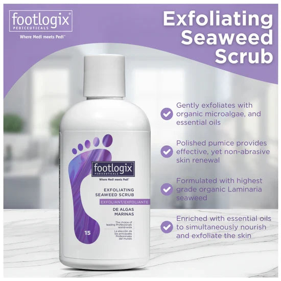 Footlogix Exfoliating Seaweed Scrub bottle for skin renewal and nourishment.